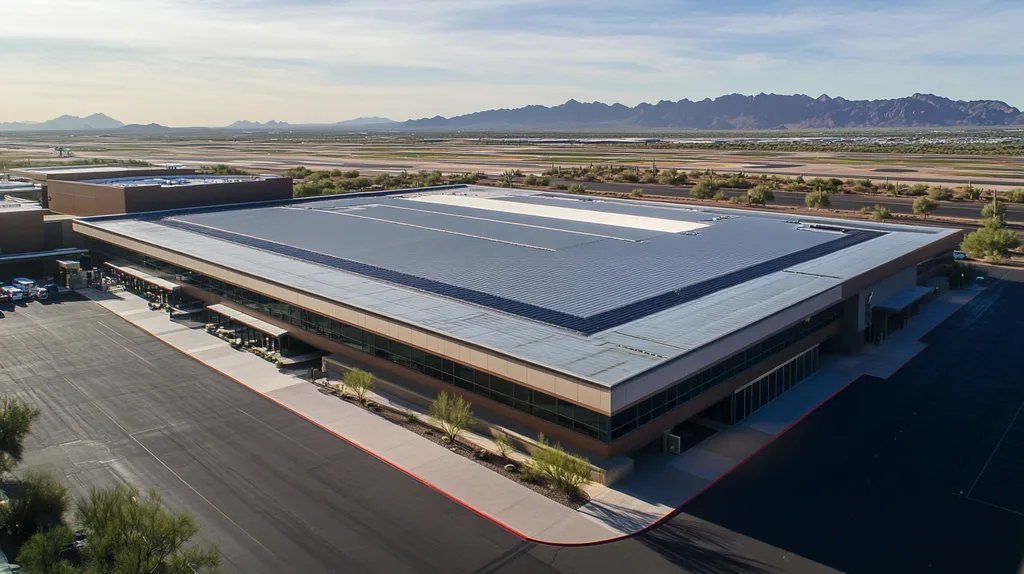 A commercial roof on an airport terminal in a location similar to Phoenix with a rainy day aesthetic (AI image)