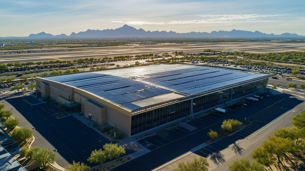 A commercial roof on an airport terminal in a location similar to Phoenix with a rainy day aesthetic (AI image)