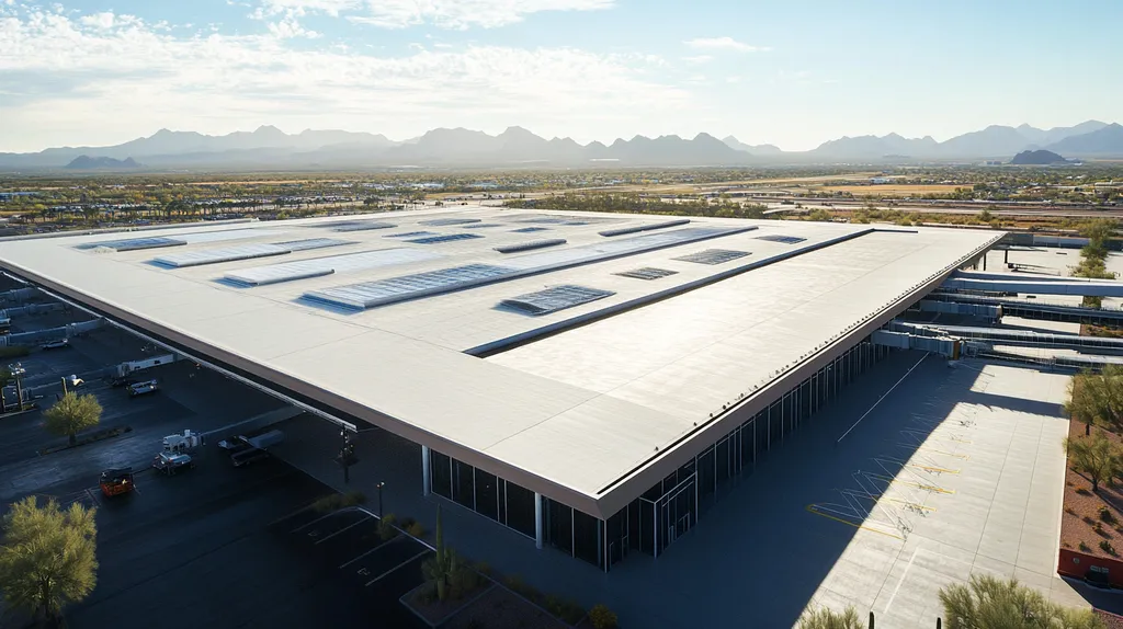 A commercial roof on an airport terminal in a location similar to Phoenix with a rainy day aesthetic (AI image)