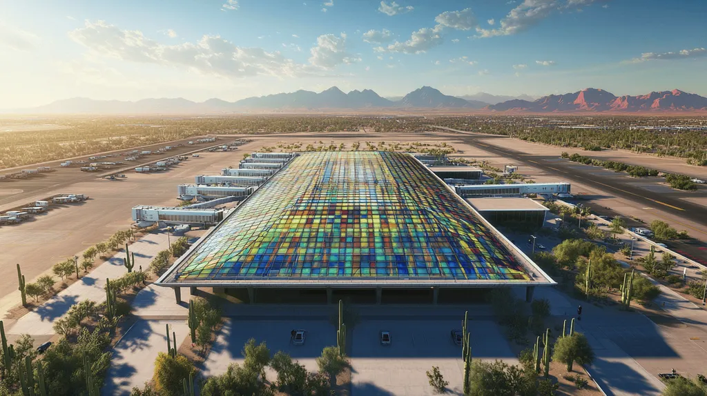 A commercial roof on an airport terminal in a location similar to Phoenix with a stained glass style aesthetic (AI image)