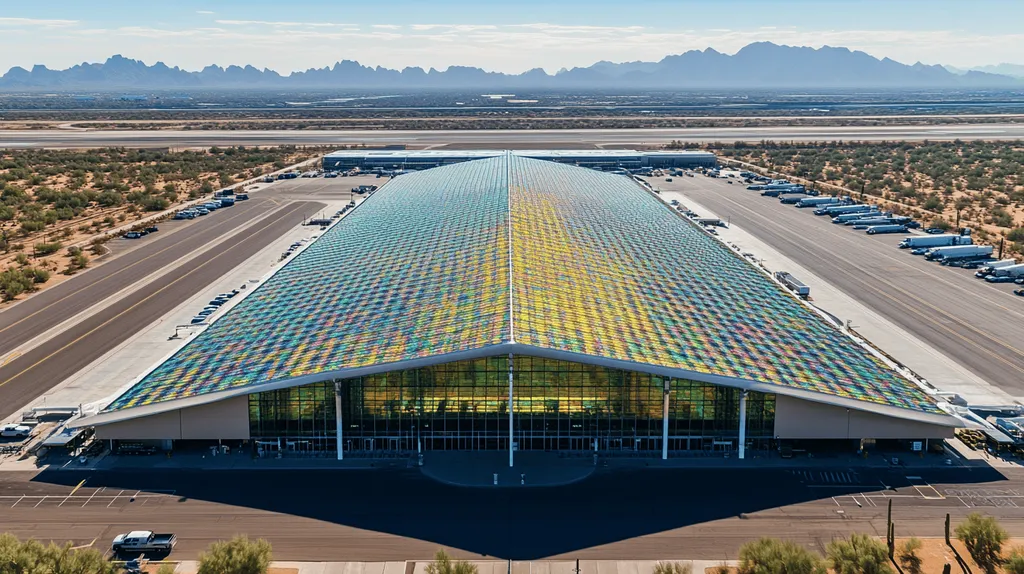 A commercial roof on an airport terminal in a location similar to Phoenix with a stained glass style aesthetic (AI image)