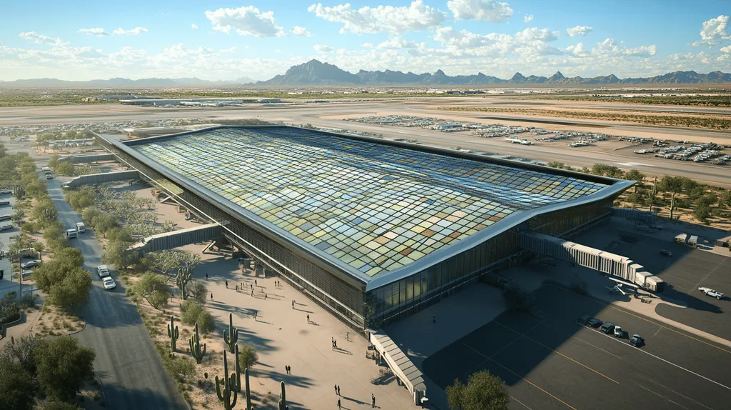 A commercial roof on an airport terminal in a location similar to Phoenix with a stained glass style aesthetic (AI image)