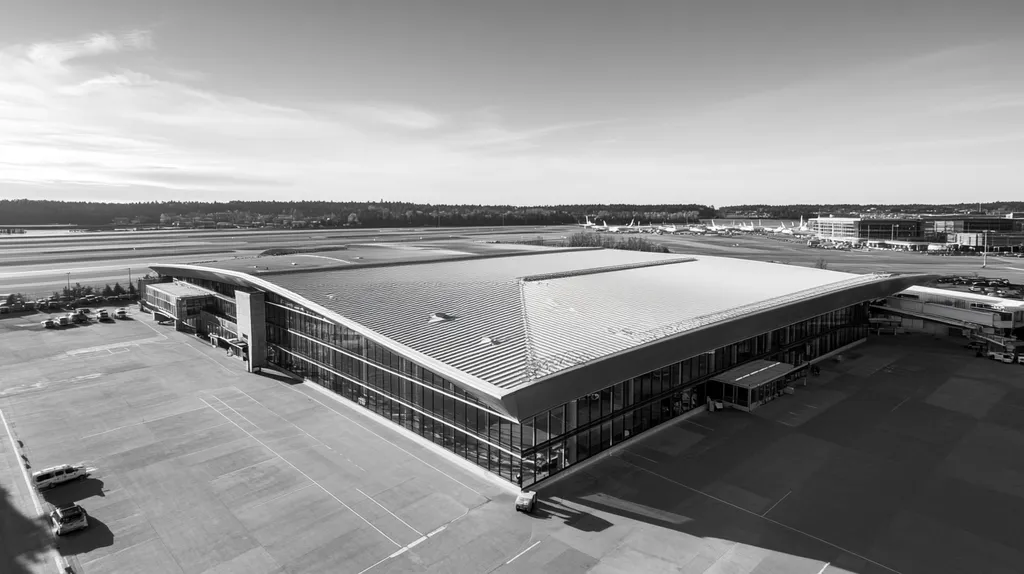 A commercial roof on an airport terminal in a location similar to Portland, Maine with a black and white photography aesthetic (AI image)