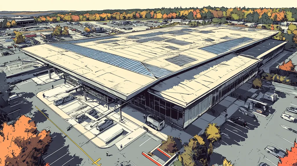A commercial roof on an airport terminal in a location similar to Portland, Maine with a comic book style aesthetic (AI image)