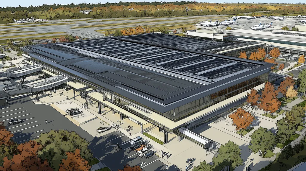 A commercial roof on an airport terminal in a location similar to Portland, Maine with a comic book style aesthetic (AI image)