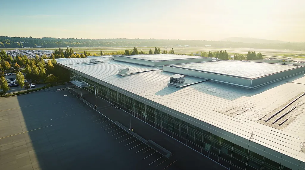 A commercial roof on an airport terminal in a location similar to Portland with a Polaroid aesthetic (AI image)
