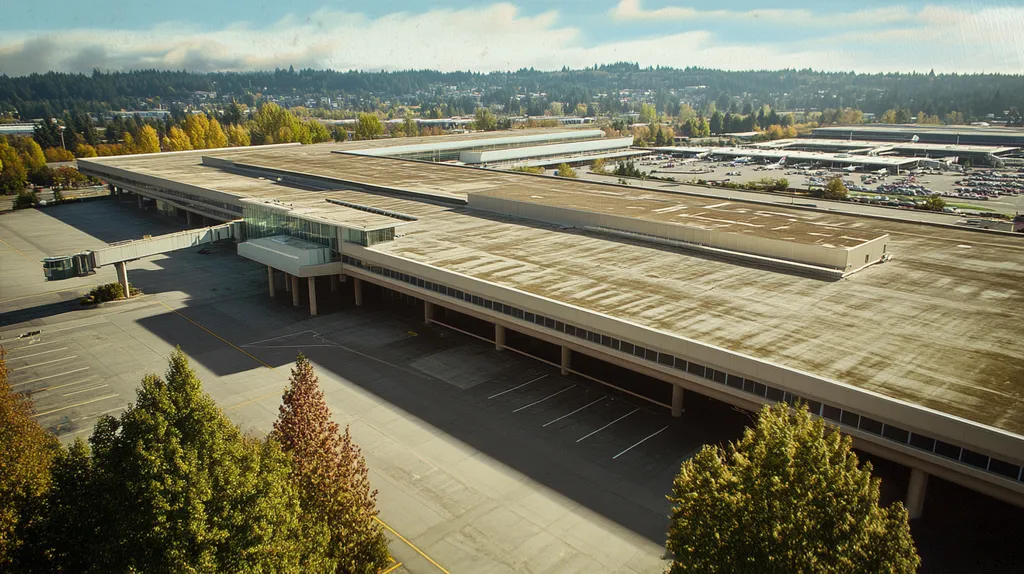 A commercial roof on an airport terminal in a location similar to Portland with a Polaroid aesthetic (AI image)