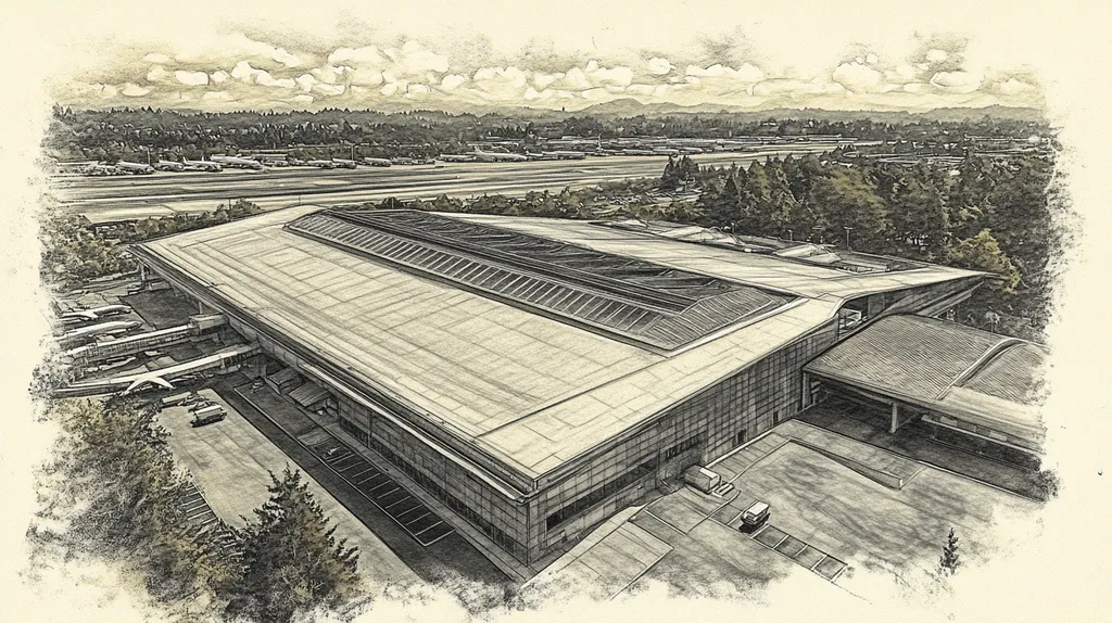 A commercial roof on an airport terminal in a location similar to Portland with a charcoal sketch aesthetic (AI image)