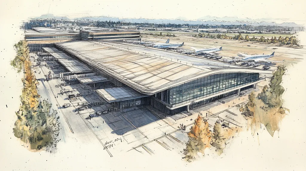 A commercial roof on an airport terminal in a location similar to Portland with a charcoal sketch aesthetic (AI image)
