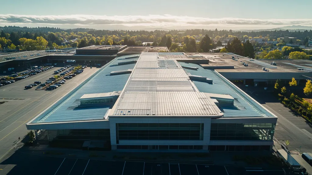 A commercial roof on an airport terminal in a location similar to Portland with a cross-processed look aesthetic (AI image)