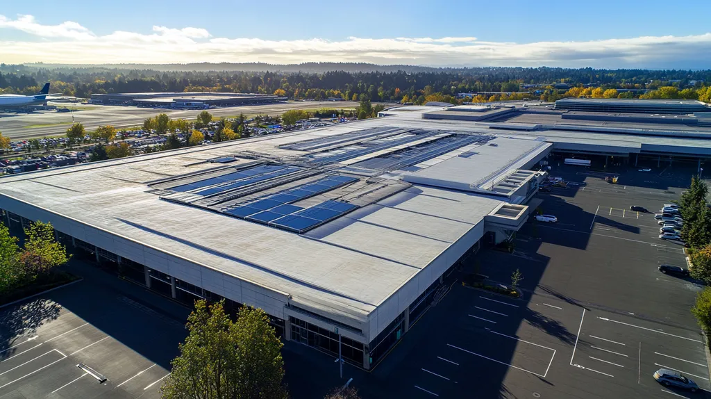 A commercial roof on an airport terminal in a location similar to Portland with a cross-processed look aesthetic (AI image)