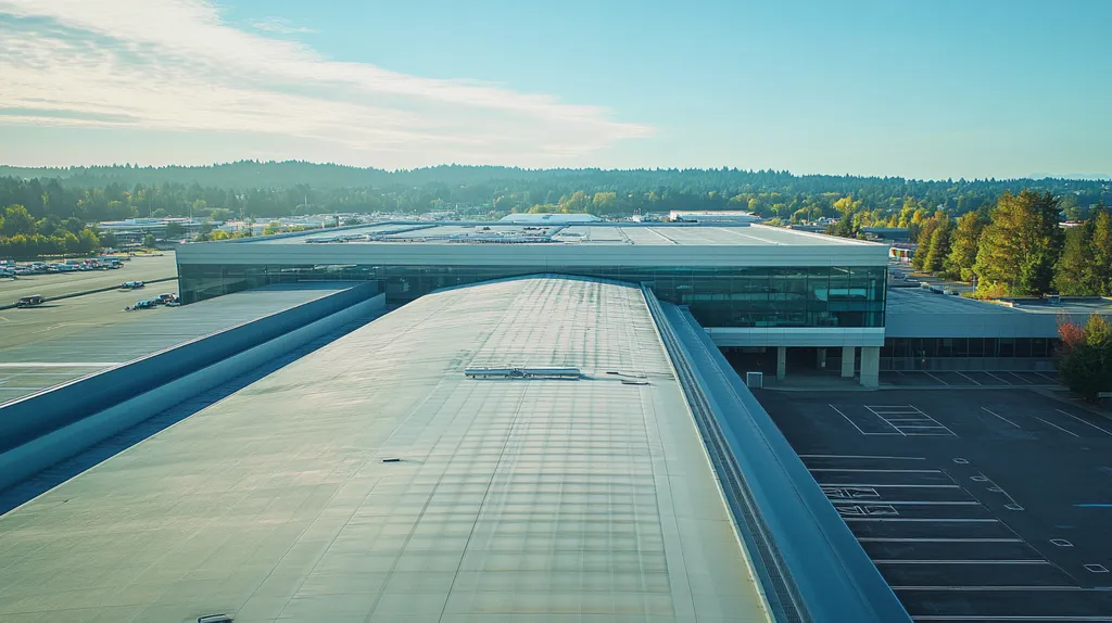 A commercial roof on an airport terminal in a location similar to Portland with a cross-processed look aesthetic (AI image)