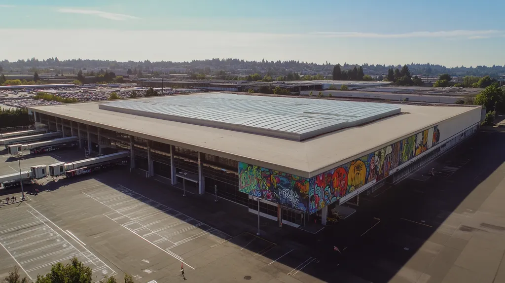 A commercial roof on an airport terminal in a location similar to Portland with a graffiti mural aesthetic (AI image)