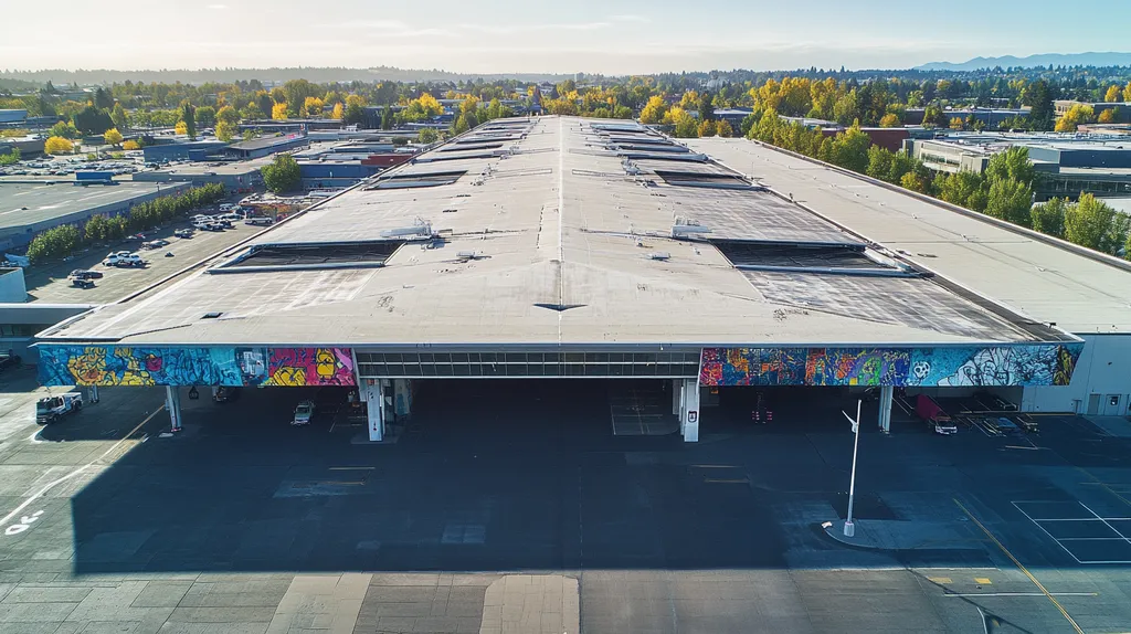 A commercial roof on an airport terminal in a location similar to Portland with a graffiti mural aesthetic (AI image)