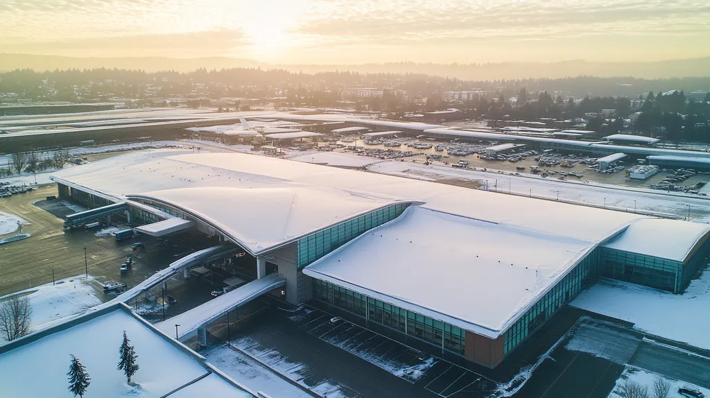 A commercial roof on an airport terminal in a location similar to Portland with a snowy day aesthetic (AI image)