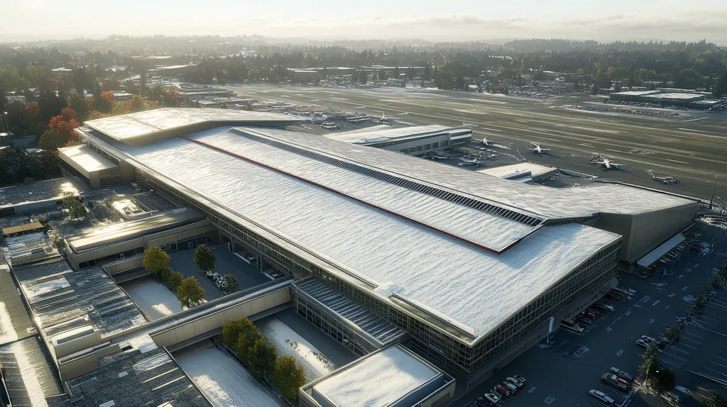 A commercial roof on an airport terminal in a location similar to Portland with a snowy day aesthetic (AI image)
