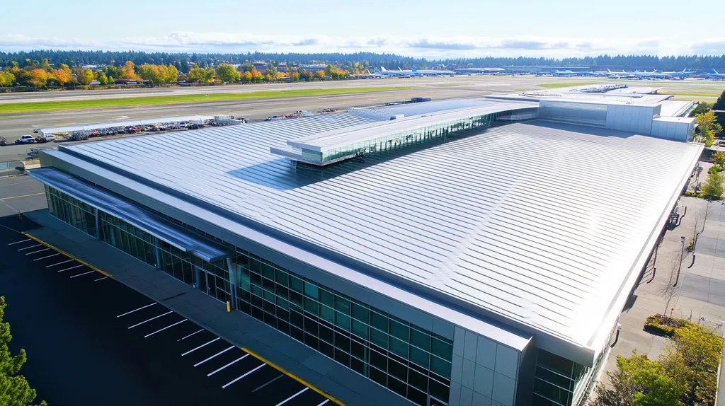 A commercial roof on an airport terminal in a location similar to Portland with a stainless steel aesthetic (AI image)
