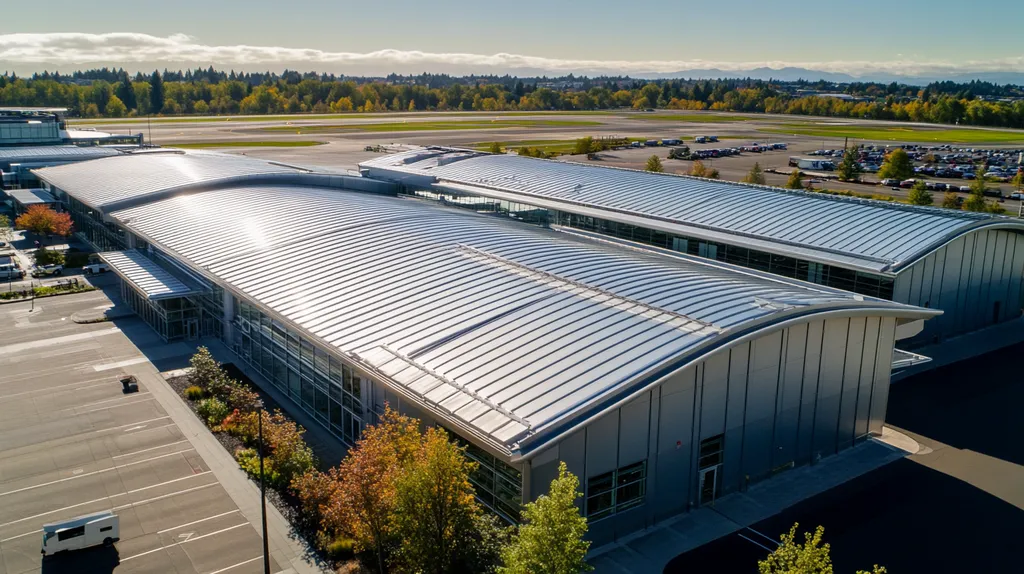 A commercial roof on an airport terminal in a location similar to Portland with a stainless steel aesthetic (AI image)
