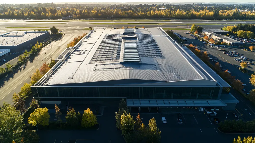 A commercial roof on an airport terminal in a location similar to Portland with an urban context aesthetic (AI image)