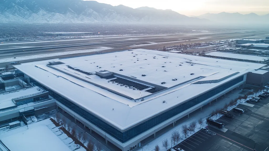 A commercial roof on an airport terminal in a location similar to Salt Lake City with a snowy day aesthetic (AI image)