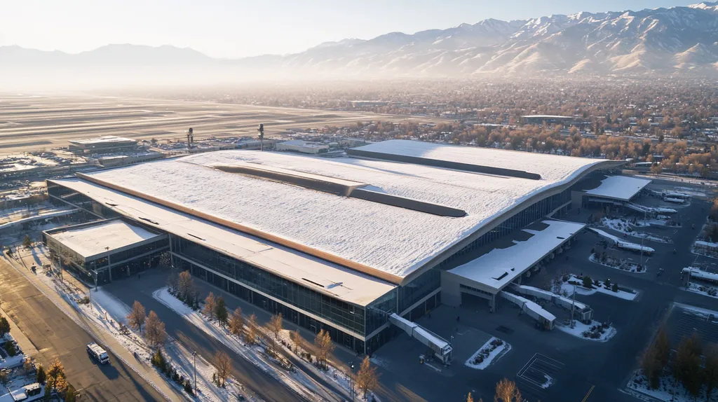 A commercial roof on an airport terminal in a location similar to Salt Lake City with a snowy day aesthetic (AI image)