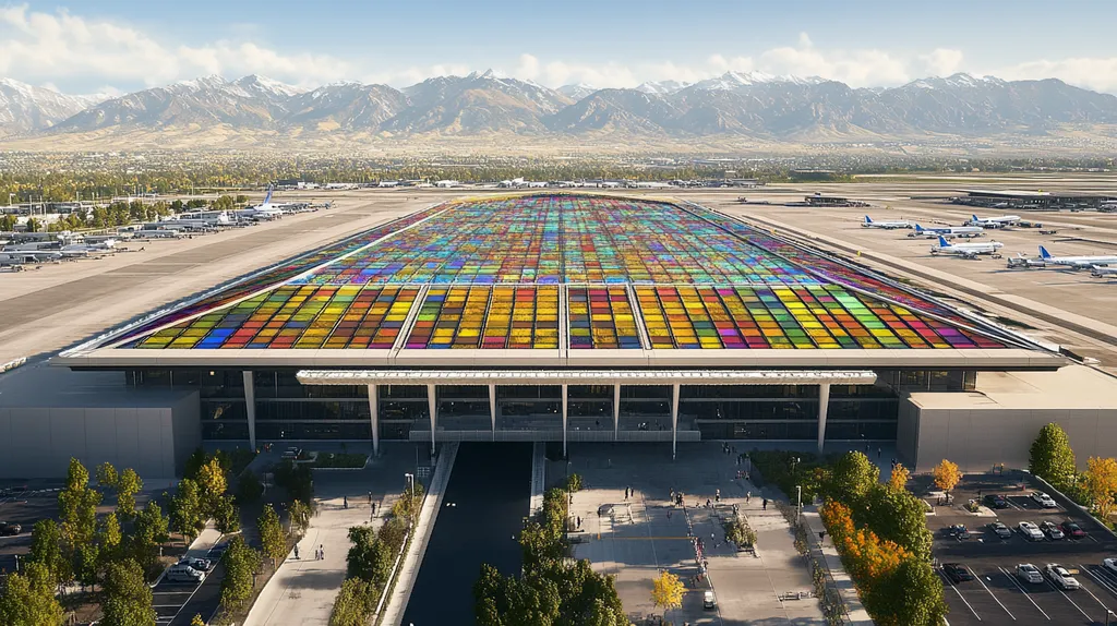 A commercial roof on an airport terminal in a location similar to Salt Lake City with a stained glass style aesthetic (AI image)