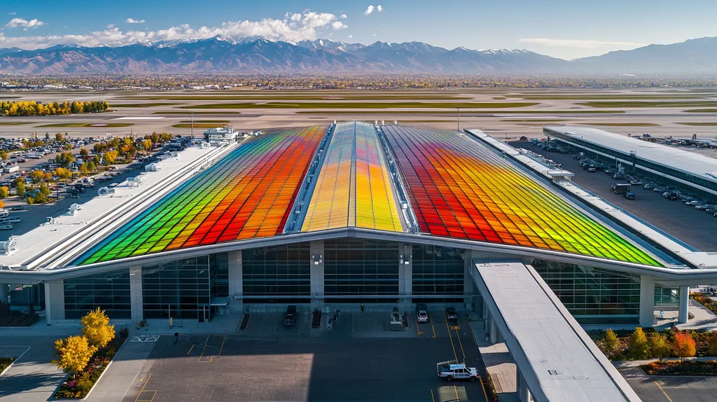 A commercial roof on an airport terminal in a location similar to Salt Lake City with a stained glass style aesthetic (AI image)