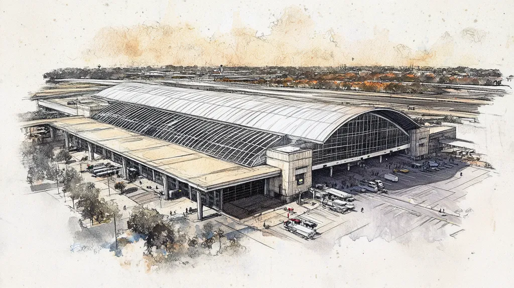 A commercial roof on an airport terminal in a location similar to San Antonio with a charcoal sketch aesthetic (AI image)