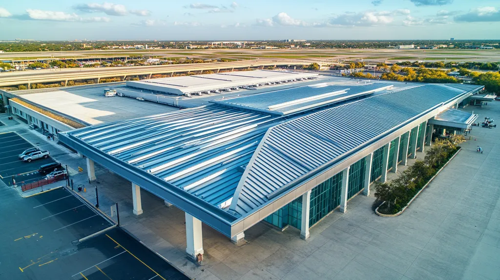 A commercial roof on an airport terminal in a location similar to San Antonio with a cross-processed look aesthetic (AI image)