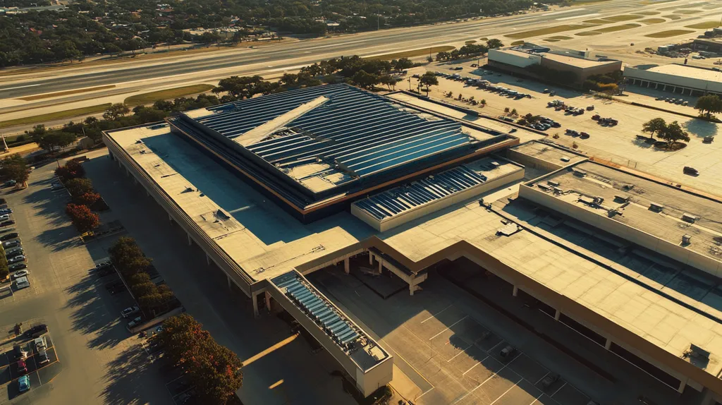A commercial roof on an airport terminal in a location similar to San Antonio with a cross-processed look aesthetic (AI image)