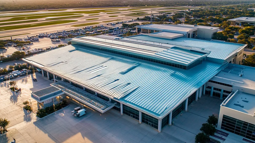 A commercial roof on an airport terminal in a location similar to San Antonio with a cross-processed look aesthetic (AI image)