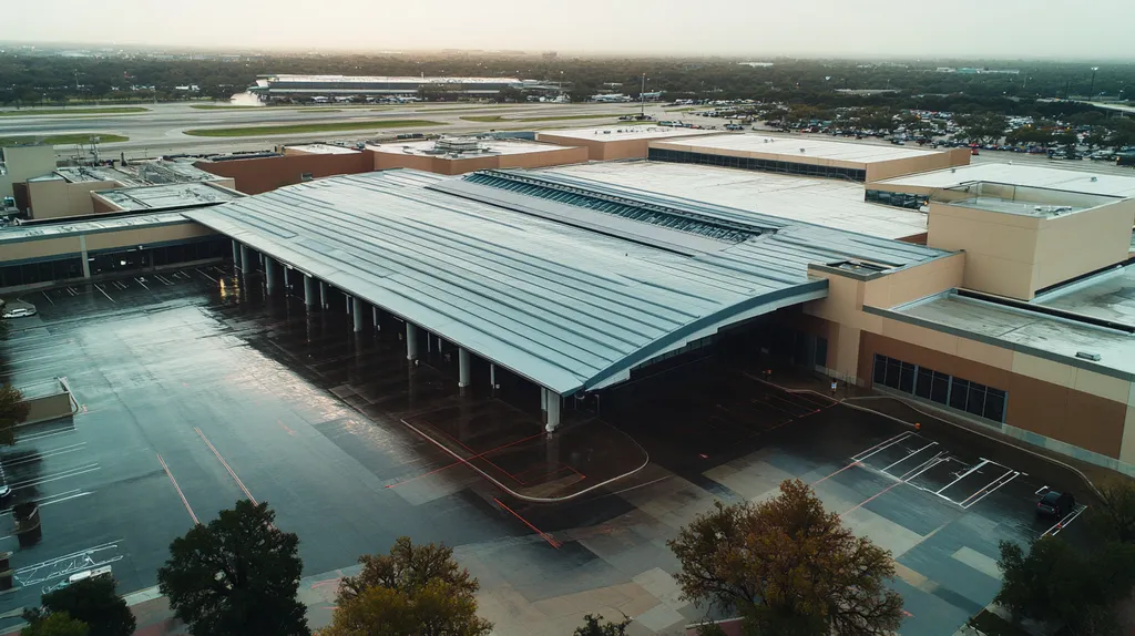 A commercial roof on an airport terminal in a location similar to San Antonio with a rainy day aesthetic (AI image)