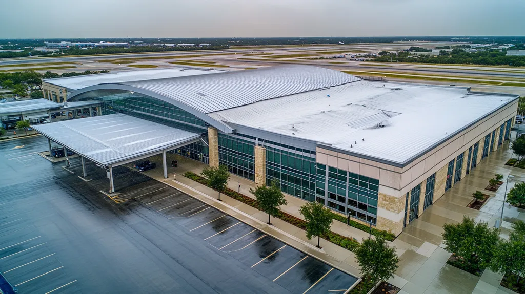 A commercial roof on an airport terminal in a location similar to San Antonio with a rainy day aesthetic (AI image)