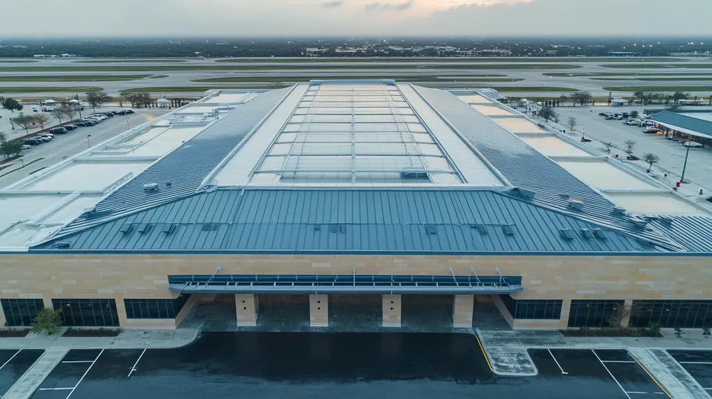 A commercial roof on an airport terminal in a location similar to San Antonio with a rainy day aesthetic (AI image)