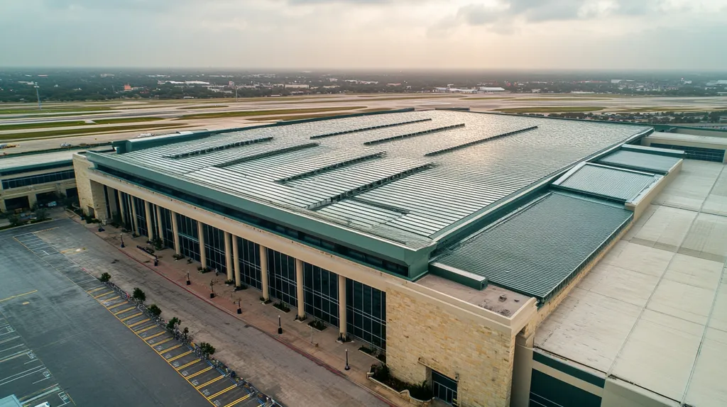 A commercial roof on an airport terminal in a location similar to San Antonio with a rainy day aesthetic (AI image)