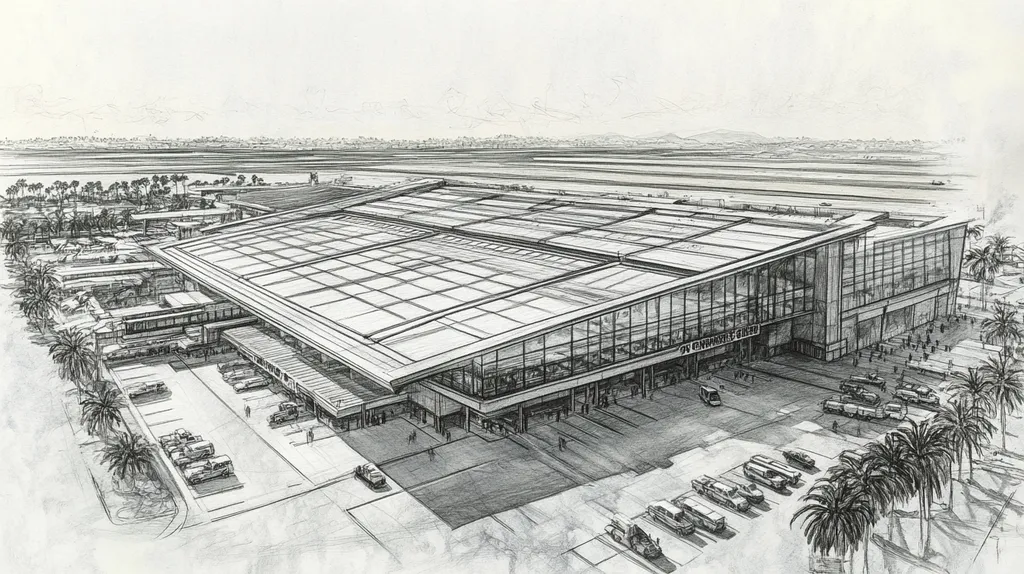 A commercial roof on an airport terminal in a location similar to San Diego with a charcoal sketch aesthetic (AI image)