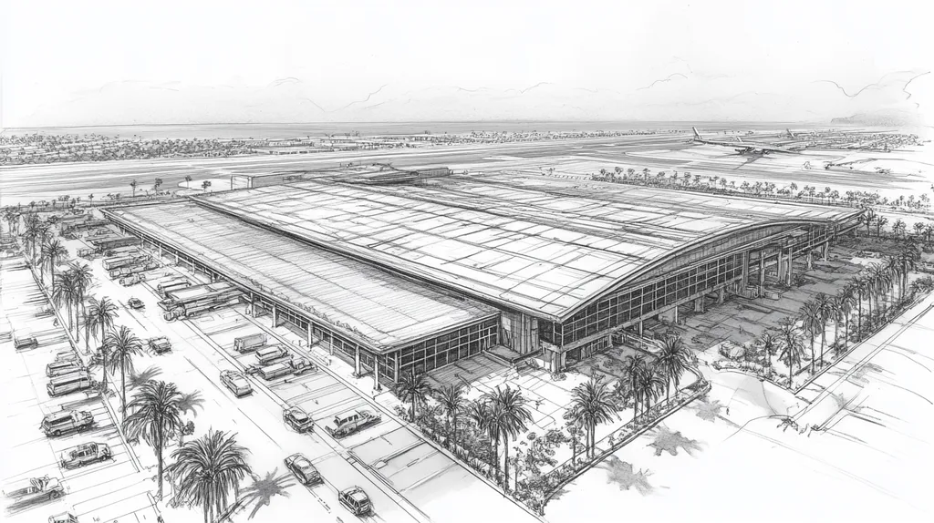 A commercial roof on an airport terminal in a location similar to San Diego with a charcoal sketch aesthetic (AI image)