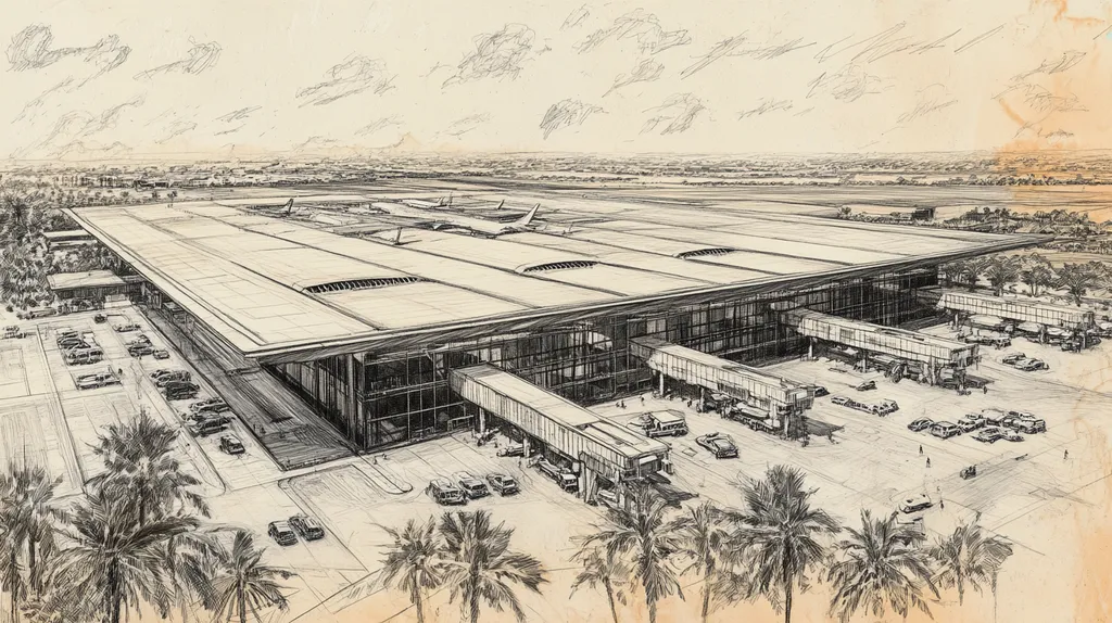A commercial roof on an airport terminal in a location similar to San Diego with a charcoal sketch aesthetic (AI image)