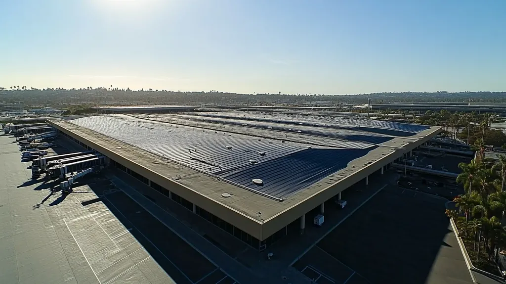 A commercial roof on an airport terminal in a location similar to San Diego with a color highlight aesthetic (AI image)