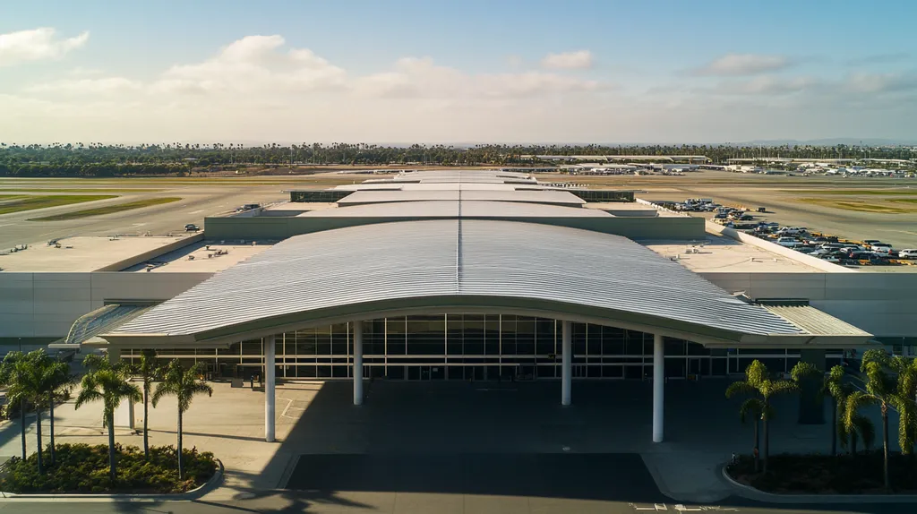 A commercial roof on an airport terminal in a location similar to San Diego with a color highlight aesthetic (AI image)