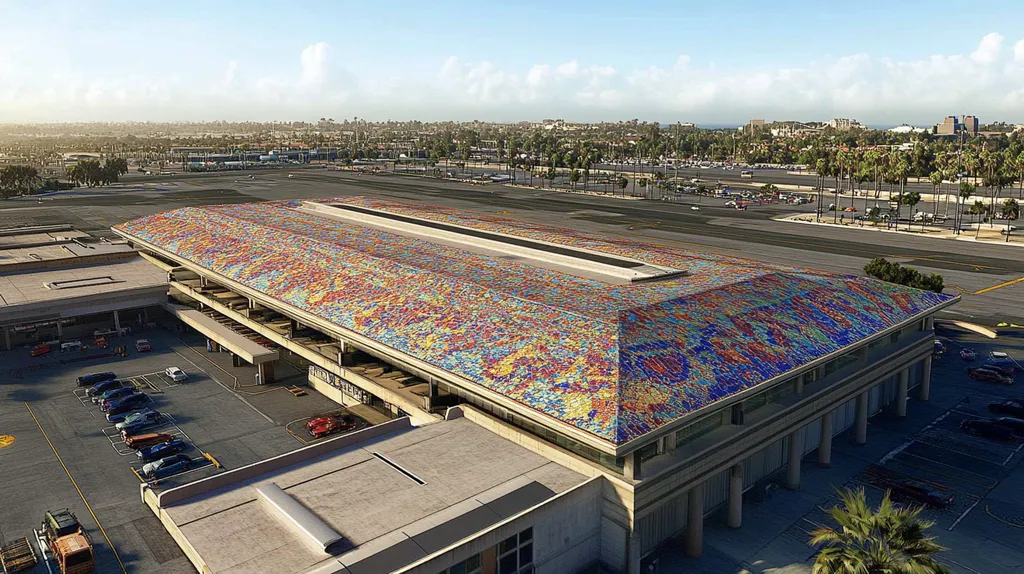 A commercial roof on an airport terminal in a location similar to San Diego with a mosaic tile art aesthetic (AI image)