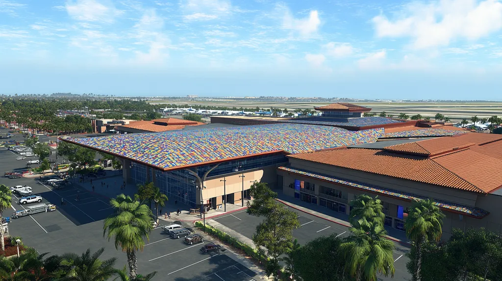 A commercial roof on an airport terminal in a location similar to San Diego with a mosaic tile art aesthetic (AI image)