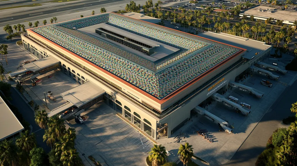 A commercial roof on an airport terminal in a location similar to San Diego with a mosaic tile art aesthetic (AI image)