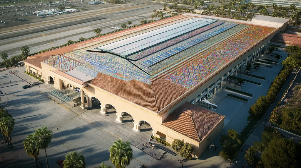 A commercial roof on an airport terminal in a location similar to San Diego with a mosaic tile art aesthetic (AI image)