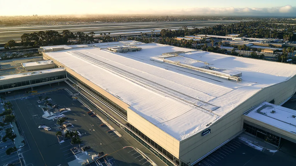 A commercial roof on an airport terminal in a location similar to San Diego with a snowy day aesthetic (AI image)