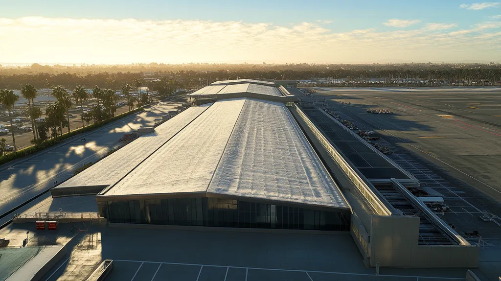 A commercial roof on an airport terminal in a location similar to San Diego with a snowy day aesthetic (AI image)