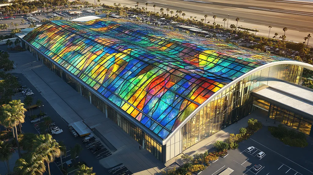 A commercial roof on an airport terminal in a location similar to San Diego with a stained glass style aesthetic (AI image)