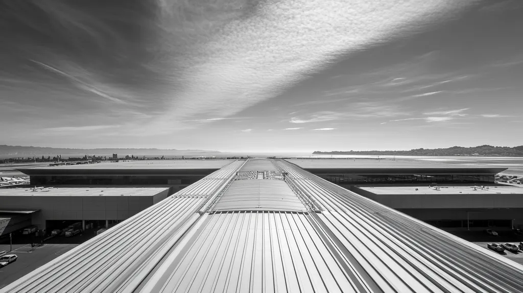 A commercial roof on an airport terminal in a location similar to San Francisco with a black and white photography aesthetic (AI image)