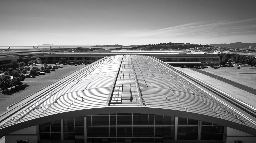 A commercial roof on an airport terminal in a location similar to San Francisco with a black and white photography aesthetic (AI image)