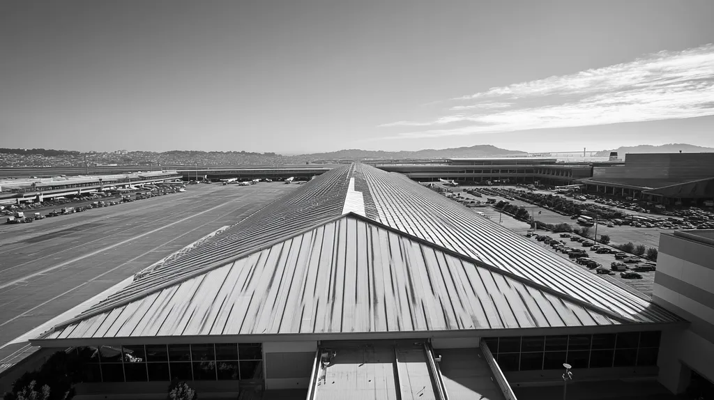 A commercial roof on an airport terminal in a location similar to San Francisco with a black and white photography aesthetic (AI image)